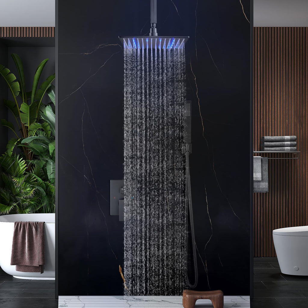 Ceiling Shower Faucet Set with Handheld 12" LED Head Matte Black