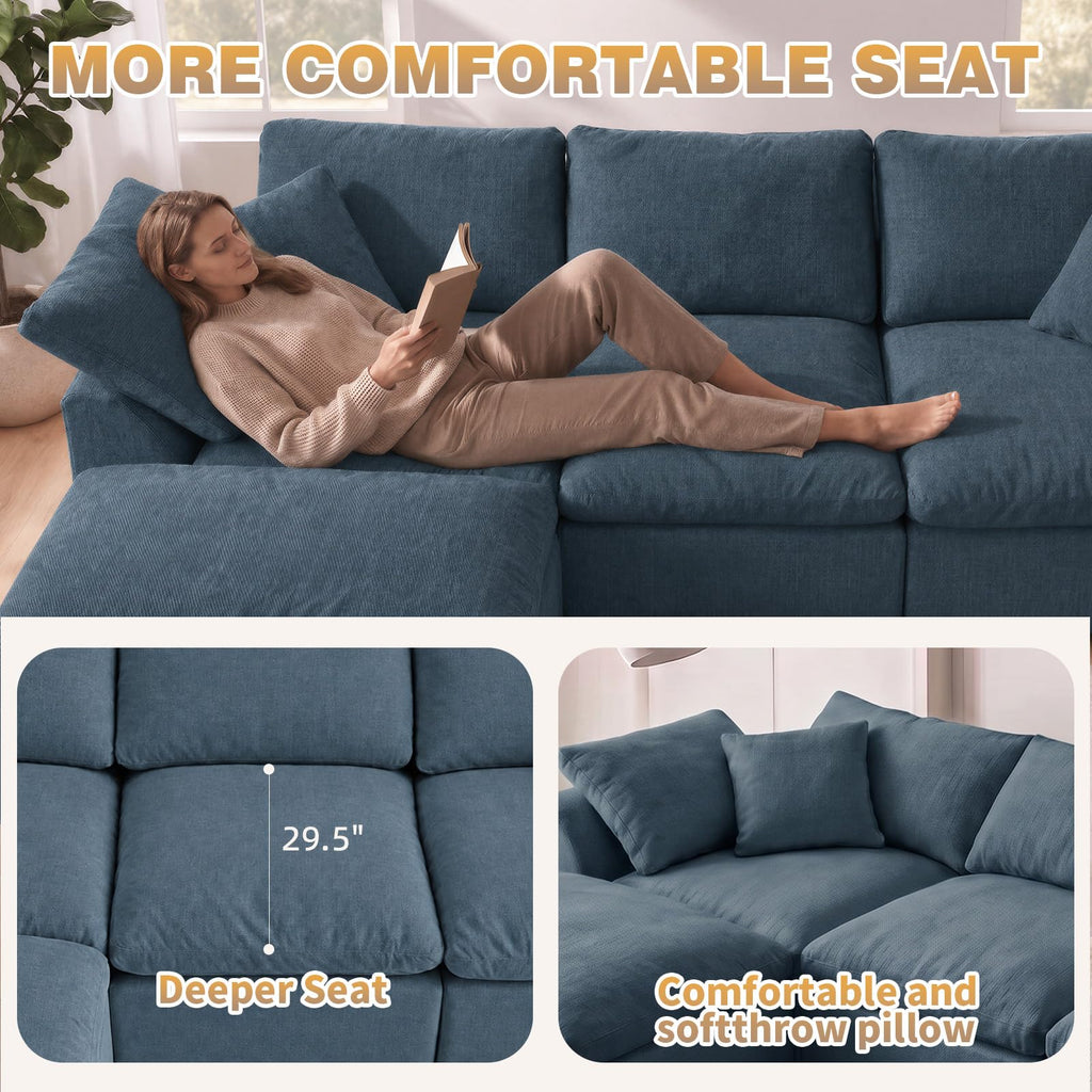 109" Boneless Cloud Couch Sectional, Oversized Modular L Shaped Sofa with Ottoman, Deep Seat Chenille Sectional