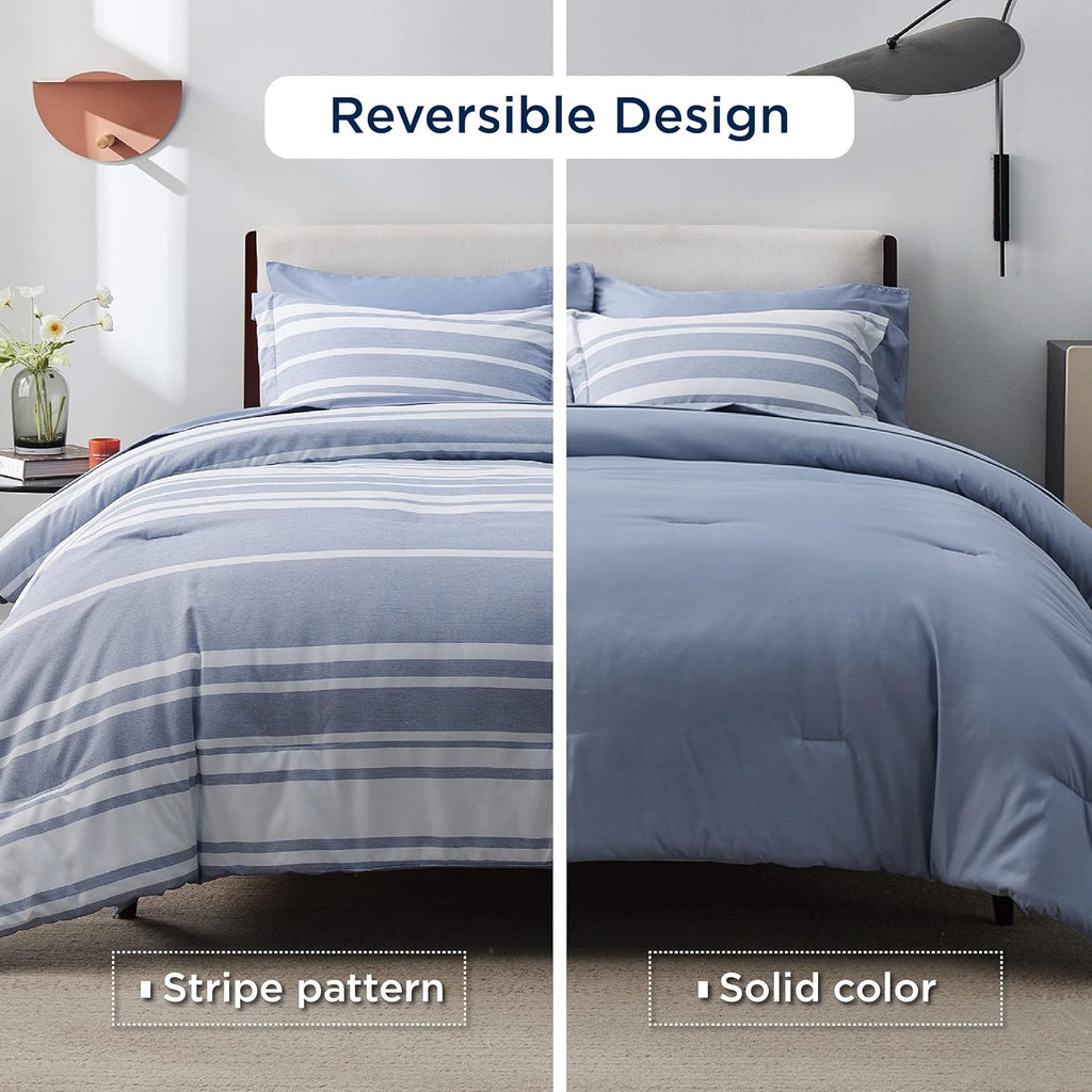 Queen Comforter Set 7 Pieces, Blue Striped Bedding Set for All Seasons, Reversible