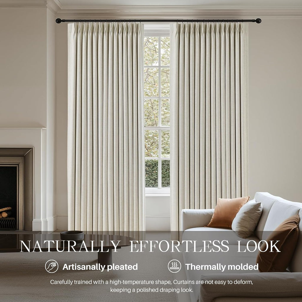 Pinch Pleated Linen Curtains (Set of 2 Panels) 100% Blackout 95 Inches Long