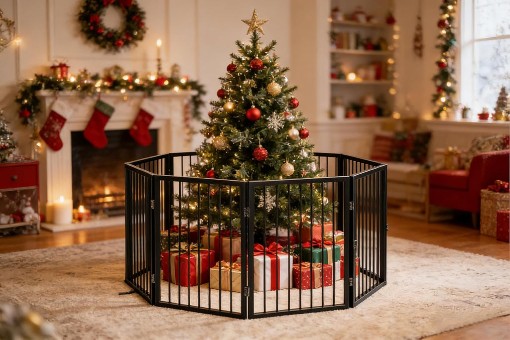 160" x 32" Foldable Freestanding Extra Wide Dog Gate with Door, Black