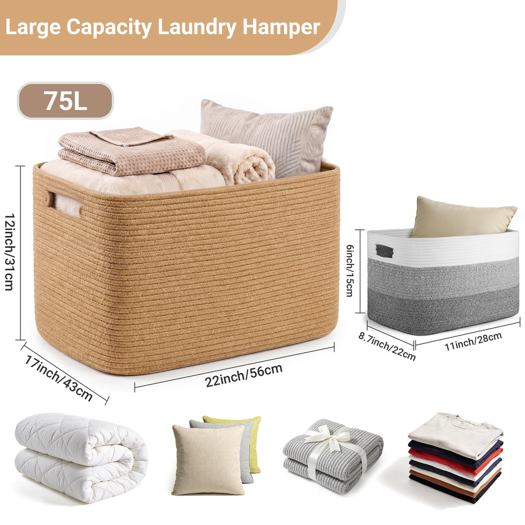 75L Large Jute Rope Storage Basket, 22"x17"x12" Woven Laundry Hamper, Blanket Basket , Toy Storage Bin for Kids