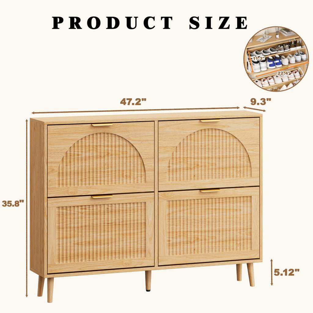 Fluted Shoe Cabinet with 4 Flip Drawers, Narrow Wood Shoe Storage Cabinet, Slim Shoe Rack, Freestanding Shoe Cabinet