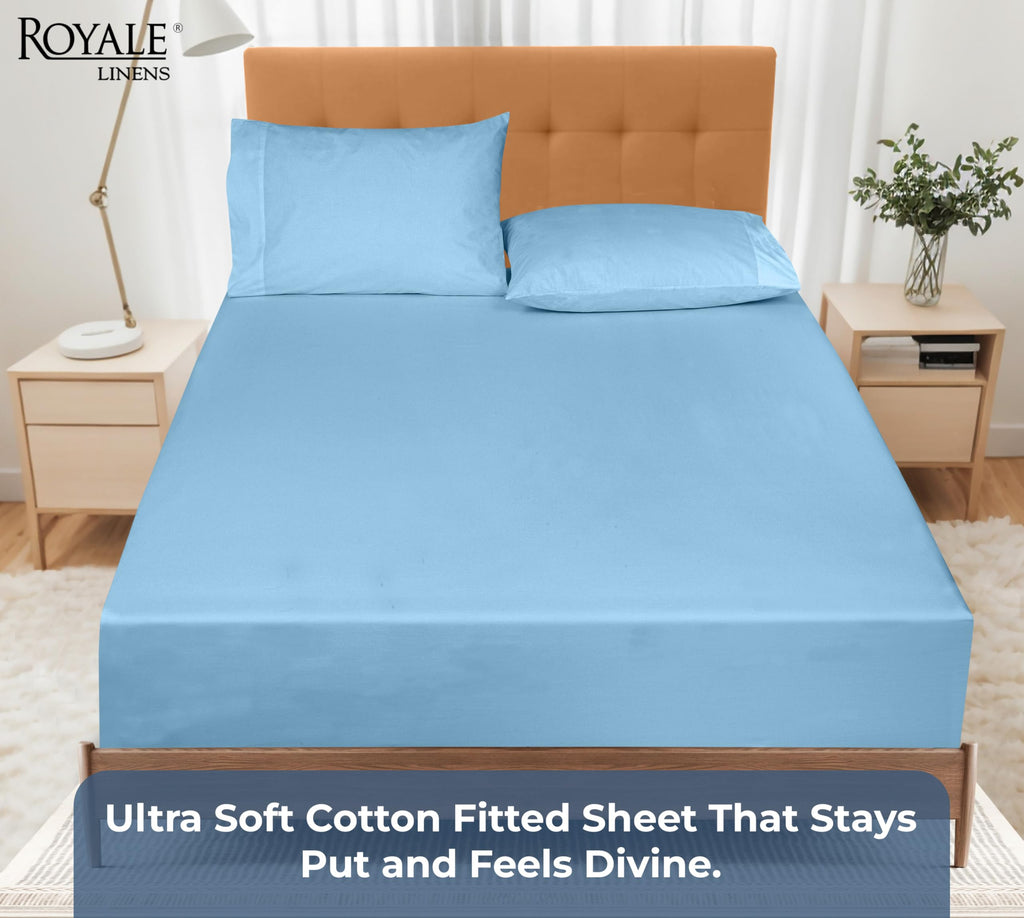 100% Organic Cotton Fitted Sheet - Percale Weave - Super Soft Deep Pocket Bottom Sheets - Lake Blue Elastic Sheet