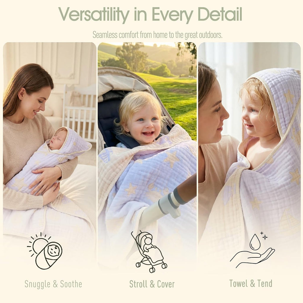 Muslin Hooded Baby Beach & Bath Towel Organic Cotton (Ocean Purple)