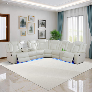 Power Recliner Sofa Sectional Sofa with LED Light, Air Leather Reclining Corner Sectional Sofa Set, Cup Holder