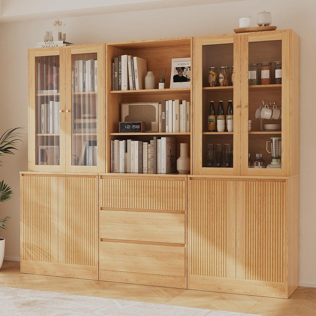 Tall Bookcase with Glass Doors and Drawers,71'' Wooden Bookshelf with Storage,Display Cabinet ,Set of 2 (A+B)