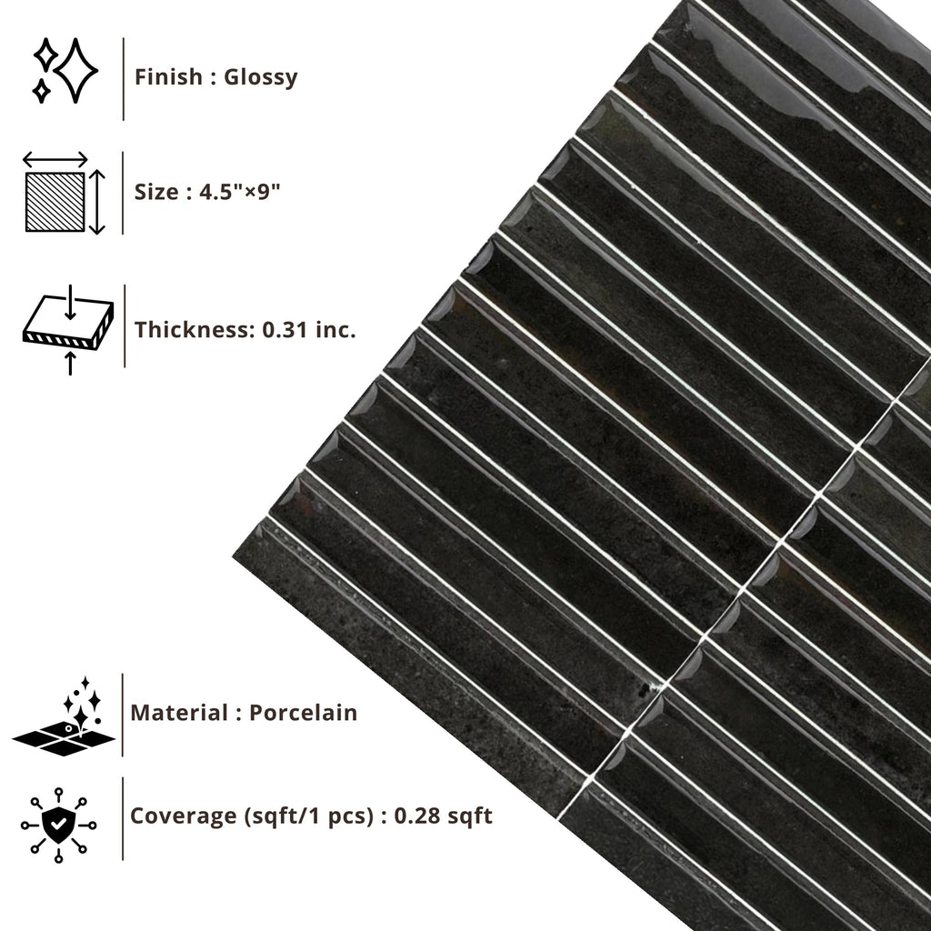 Scandia Glossy Black 4.5x9 Ribbed Porcelain Wall Tile, 3D KitKat Fluted Decorative Tile Backsplash, Bathroom, Shower