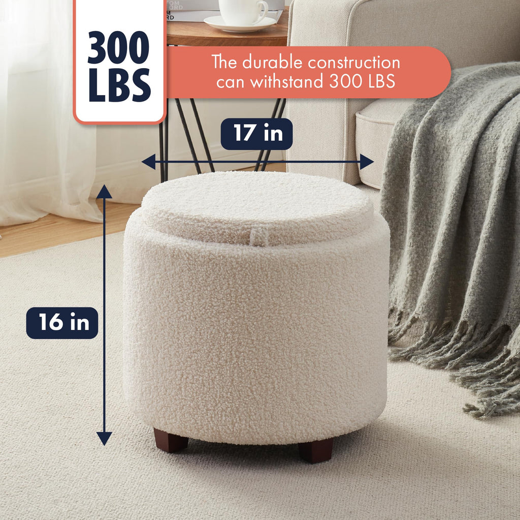 17" Round Storage Ottoman with Tray Top, Boucle Fabric, White