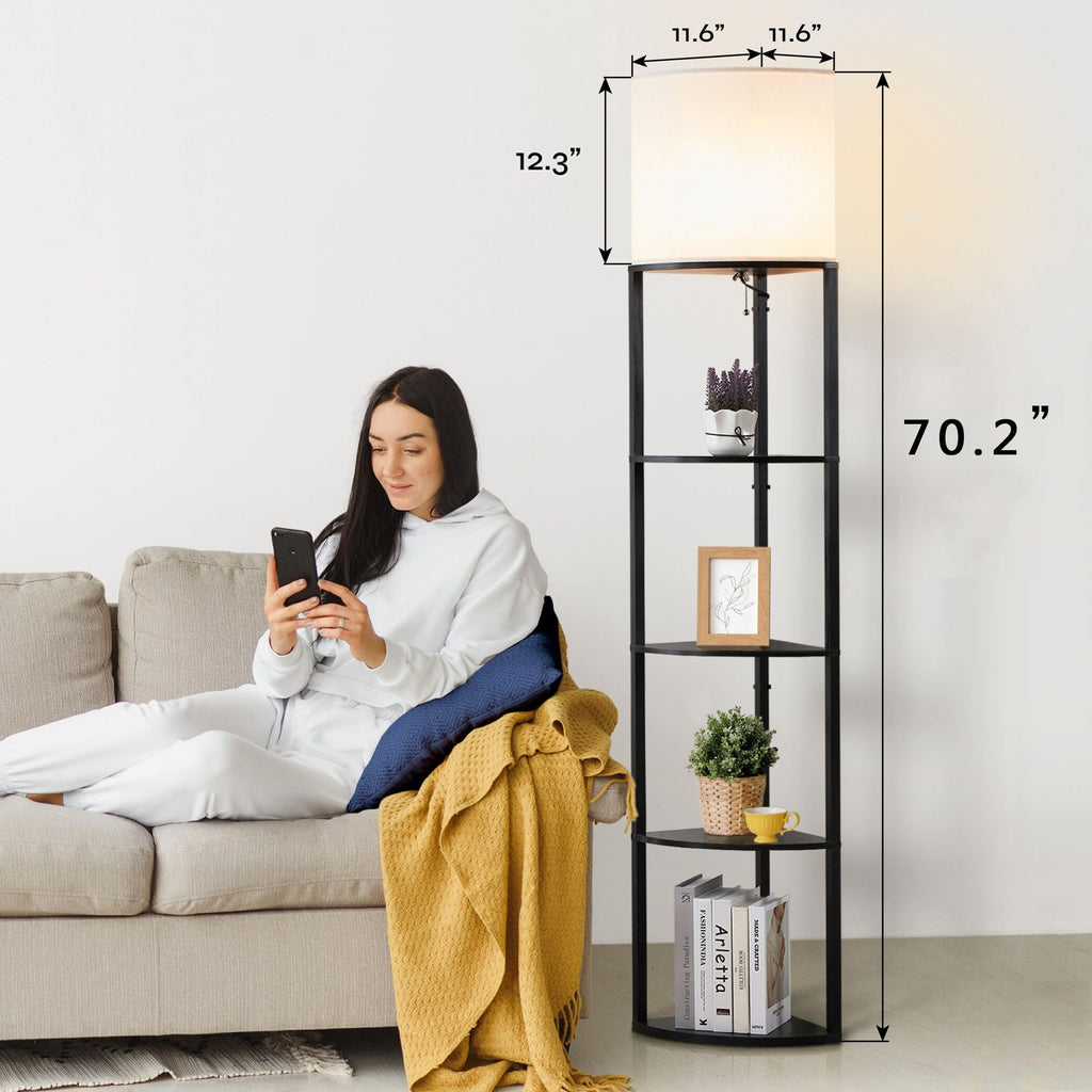 Corner Floor Lamp with Shelves, Tall Corner Lamp with Fabric Shade, Modern Torchiere Lamp, Corner Display Shelf with
