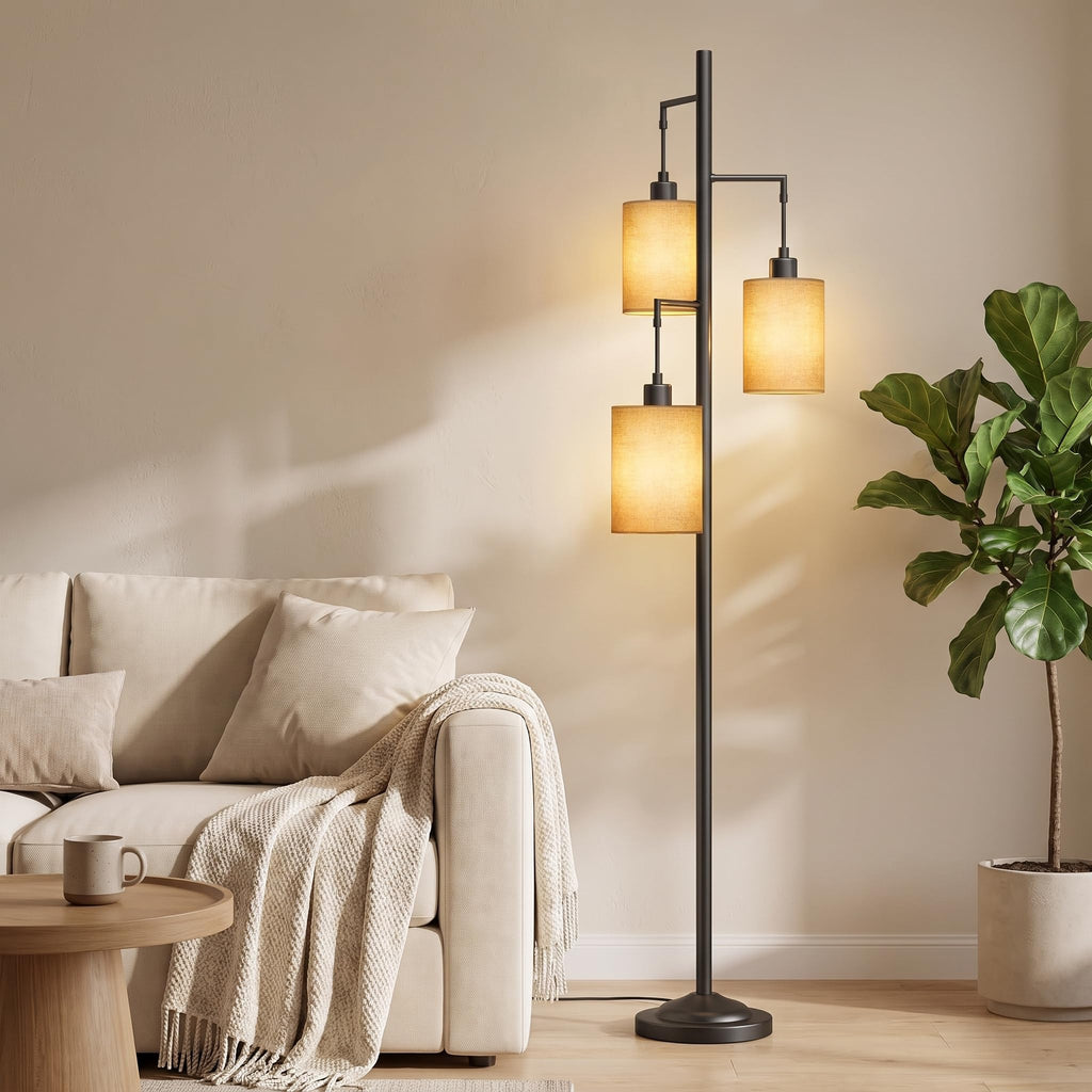 3 Lights Boho Floor Lamps with ON/Off Foot Switch Tree Standing Lamp with Hanging Lampshades Farmhouse Floor Lamp