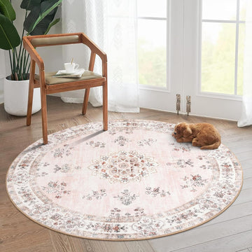 Pink Washable Round Rug 5ft, Soft Europe Vintage 5x5 Circle Rug