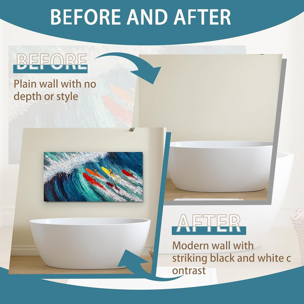 Coastal Canvas Wall Art Large Blue Beach Hand Painted Oil Painting Ocean Wave Wall Art Colorful Surfer Artwork
