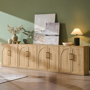 Arched Door Sideboard Buffet Cabinet Set of 4, Natural Oak