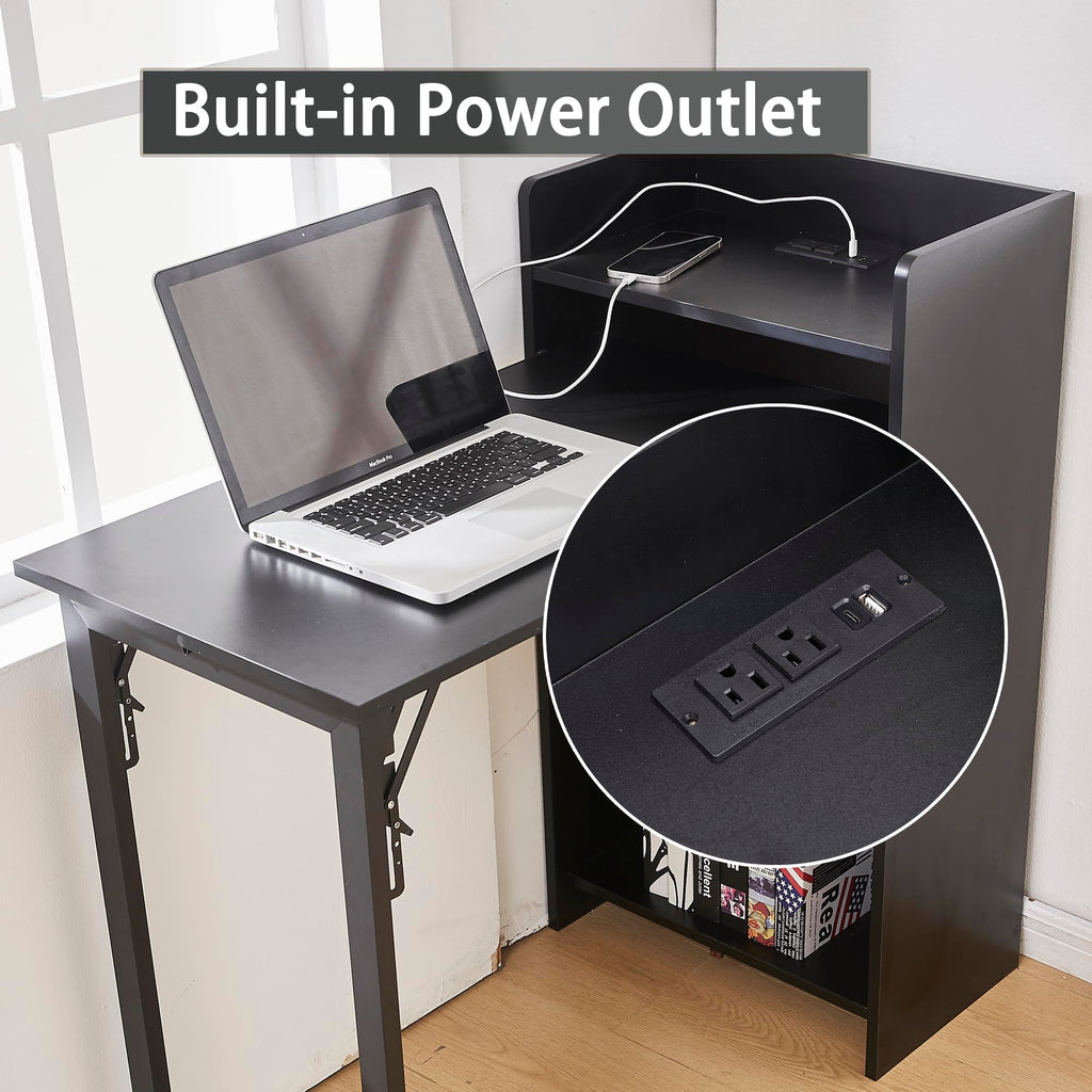 Foldable Desk, Hidden Desk with Storage and Built-in Socket, Mid Century Fold Out Table for Small Spaces, Home Office