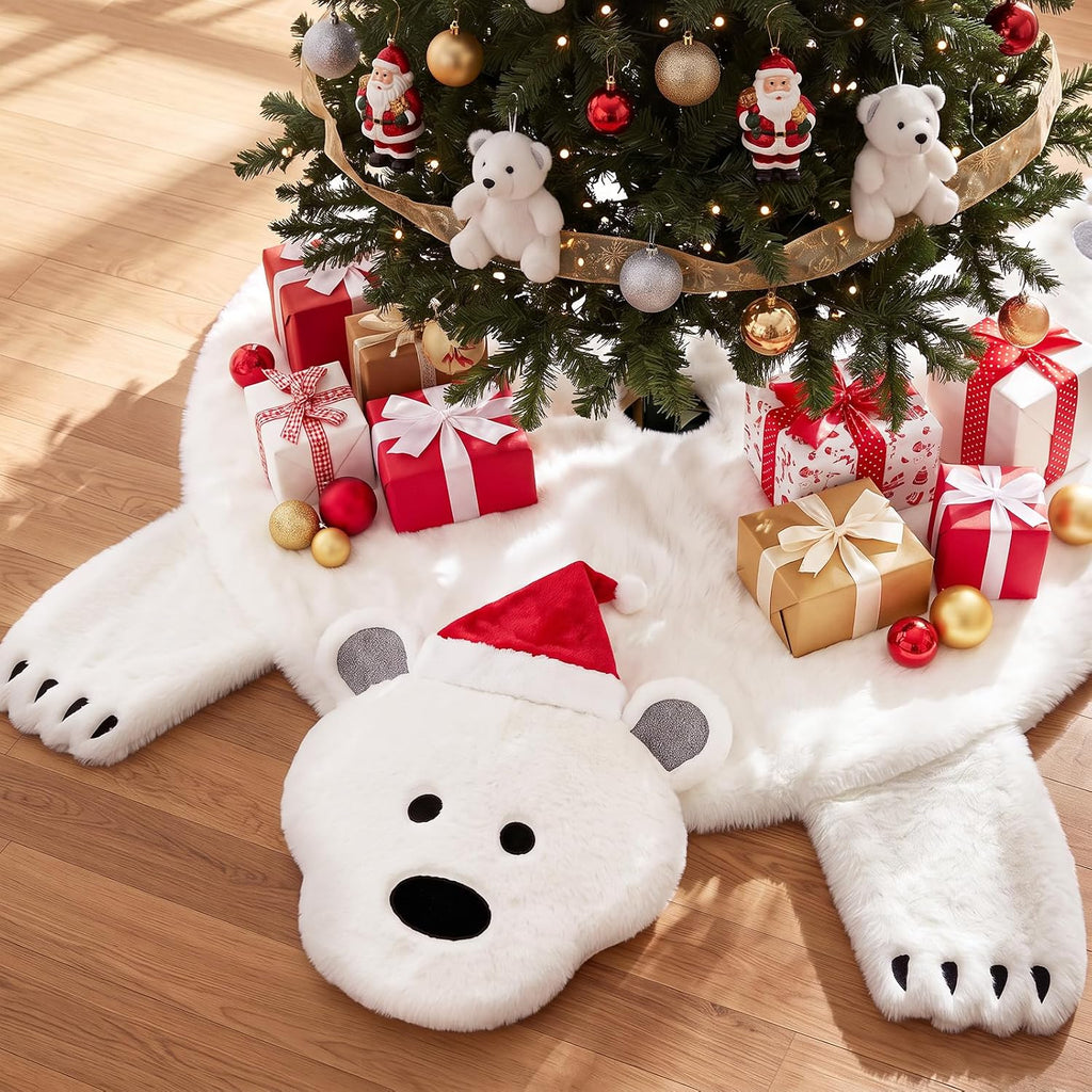 White Christmas Tree Skirt 60 Inches, Faux Fur Polar Bear Christmas Decor