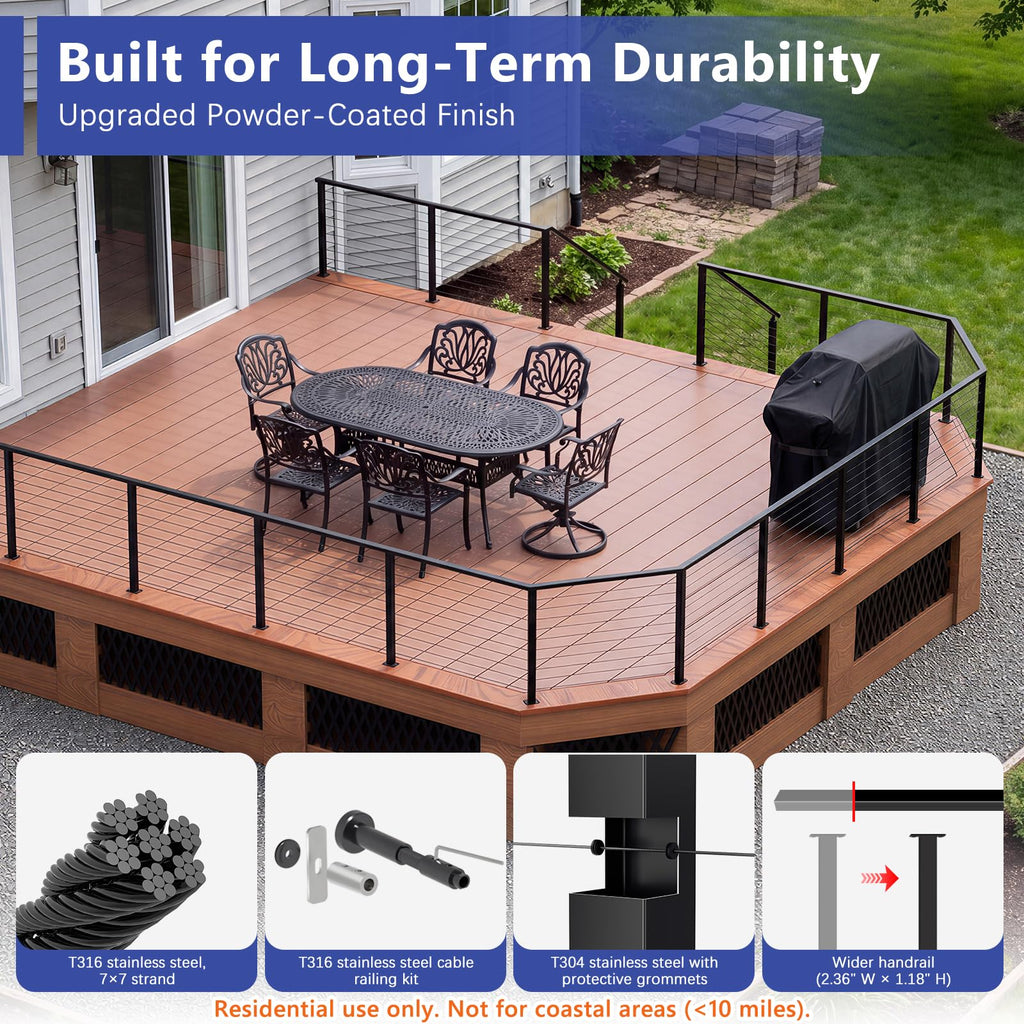 8-12ft Modular 36" Swageless Cable Railing System with Handrail