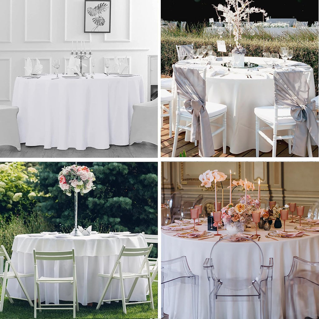 6 Pack White 90 Inch Round Tablecloths. Stain and Winkle Resistant Polyester Washable White TableCloths for Parties