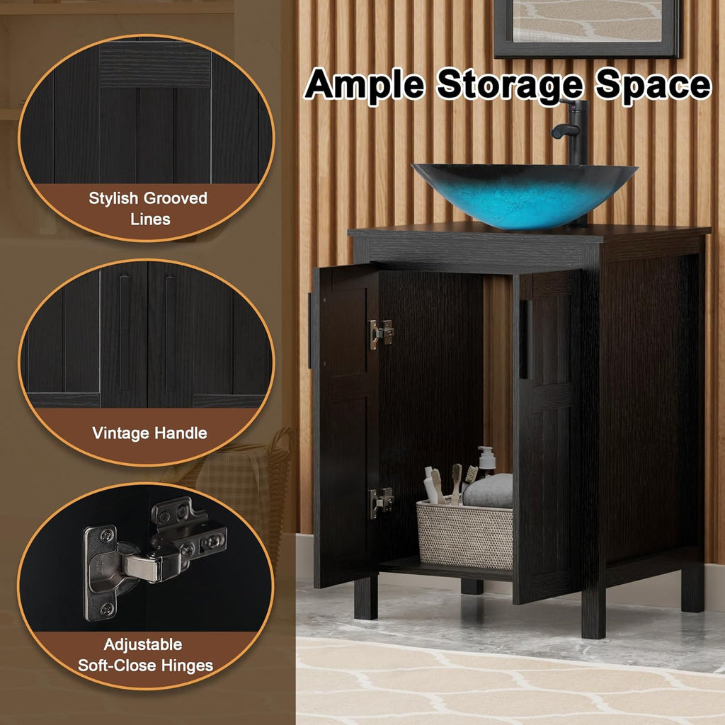 24" Black Modern Bathroom Vanity with Vessel Sink - Grooved Vanity Cabinet Combo