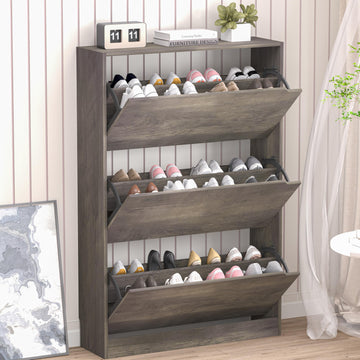 Shoe Cabinet with 3 Flip Drawers, Hidden Wood Shoe Cabinet, Freestanding Shoe Storage Cabinet Hallway