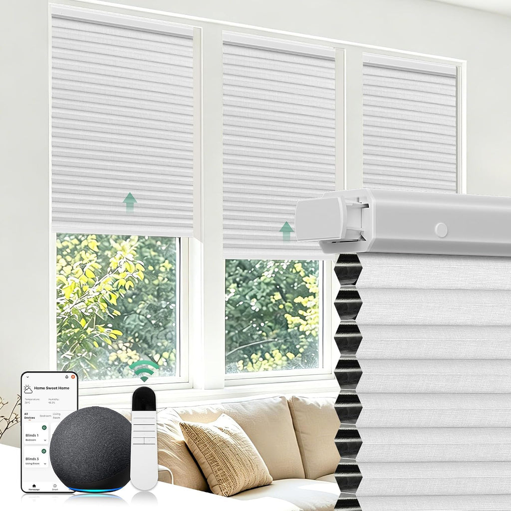 Motorized Cellular Shades No Drill with Remote,White, | Easy - Silver White