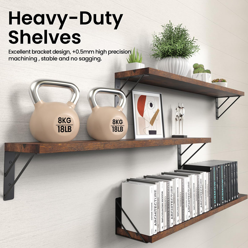36" Long Wall Mounted Floating Shelves (Rustic Brown, Set of 3, 36")