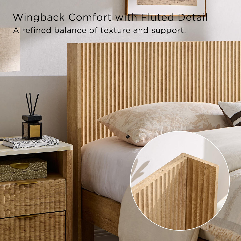 Fluted Queen Bed with Headboard and Storage Bench, Natural Oak