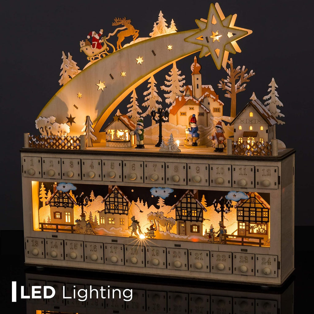 Wooden Christmas Advent Calendar, Shooting Star Holiday Decoration w/Battery-Operated LED Light Background