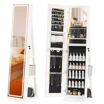 LED Mirror Jewelry Cabinet Standing, 360° Swivel, White