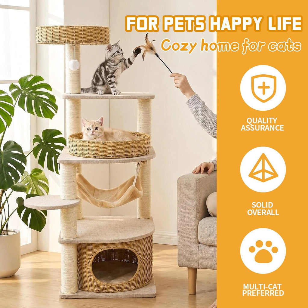 Modern Wood Cat Tree for Large Cats, Multi-Level Cat Tower with Handwoven Condo, Heavy Duty Cat Furniture with Sisal