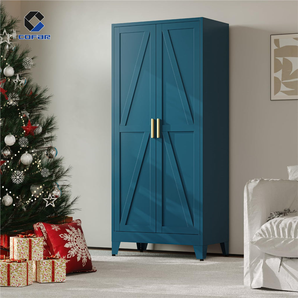 71'' Tall Wardrobe Closet with Doors, Metal Bedroom Armoire with Adjustable Hanging Rod and Shelves, Farmhouse Broom