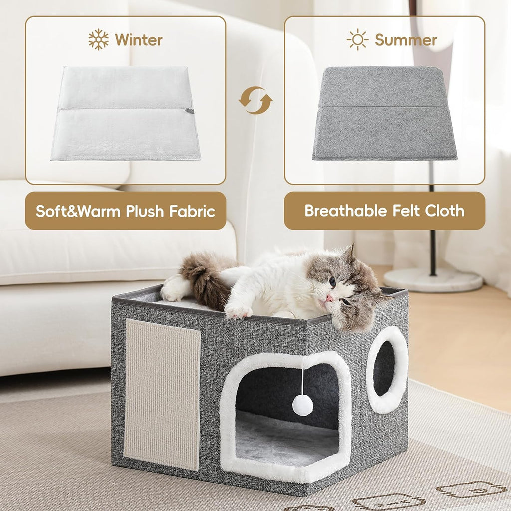 Cat Beds for Indoor Cats, Large Kitten Bed with Scratch Pad, Grey