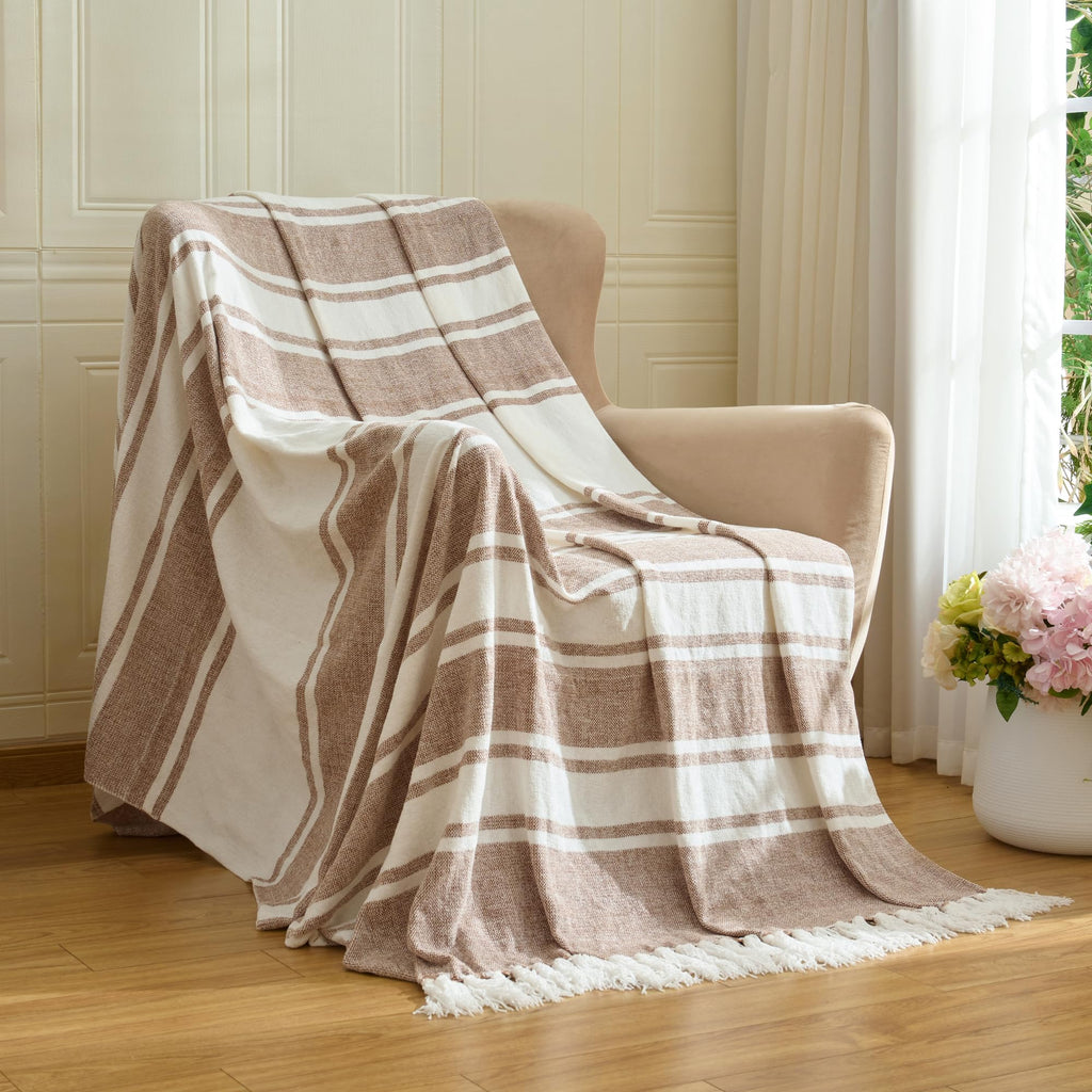 Chenille Throw Blanket with Knotted Tassels 50x60, Tan Stripe