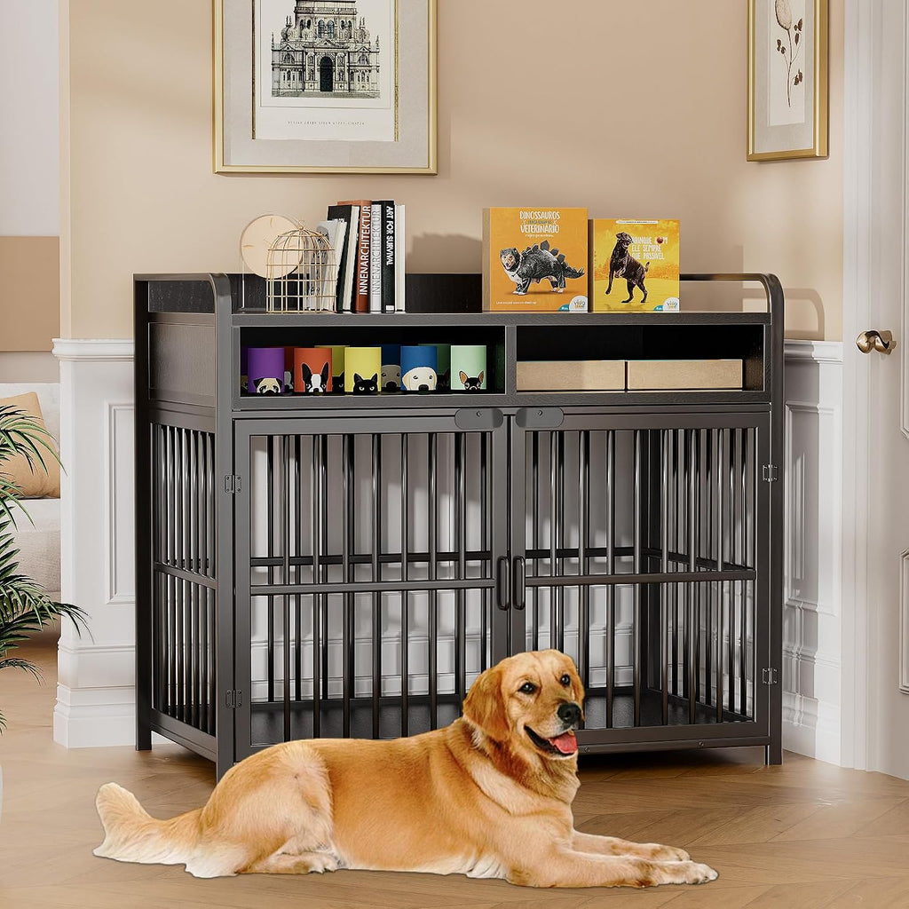 Large Dog Crate Furniture with Drawers Storage, Puppy Dog Kennel Indoor with Double Doors, Heavy Duty Wooden Dog Cage
