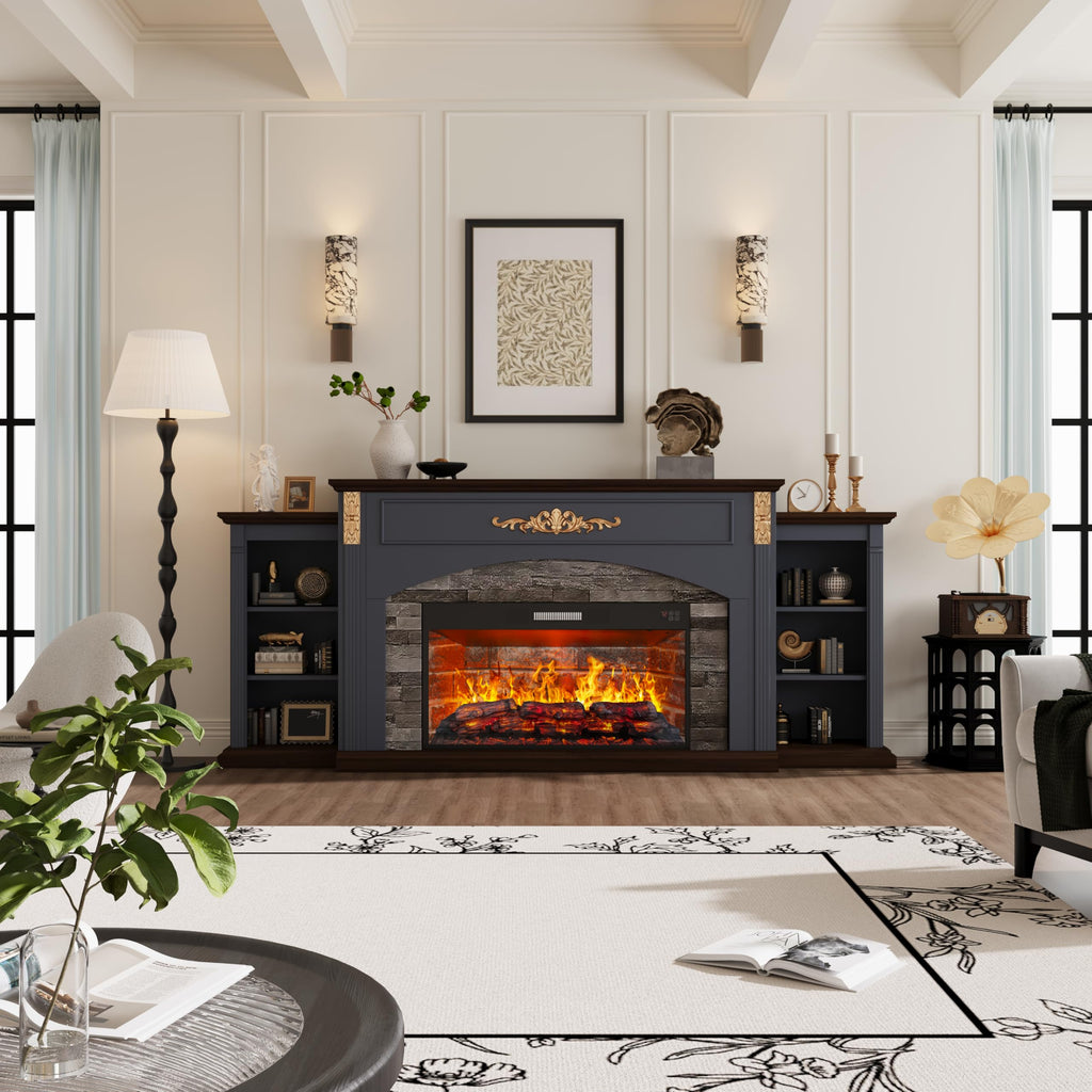 80" Fireplace TV Stand with Mantel, Navy Blue Entertainment Center with Brown Wood-Look Top & Gold Carved Accents