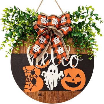 Halloween Boo Wreath Round Decorative Sign with Ghost and Pumpkin