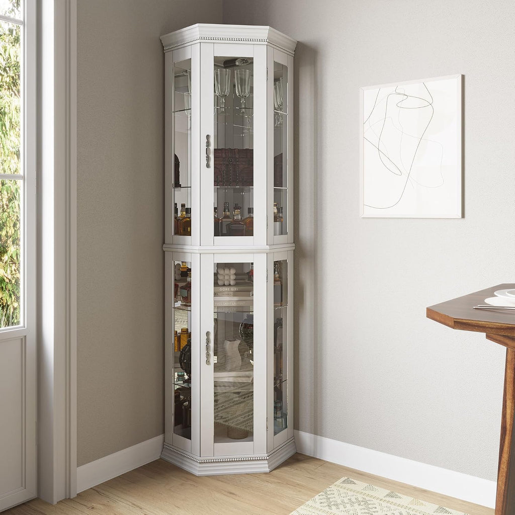 Lighted 3-Side Glass Display Curio Cabinet w/Tempered Glass Doors & Shelves, Accent Wooden Corner Cabinet with Bulb