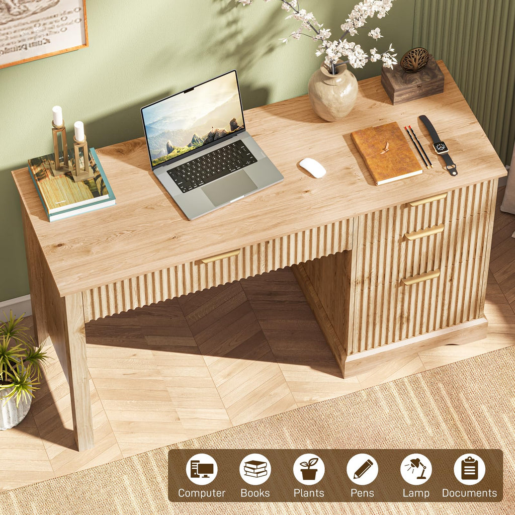 Fluted Executive Desk with Drawers, Wood Computer Desk with Ample File Drawer, Home Office Desk with Storage for