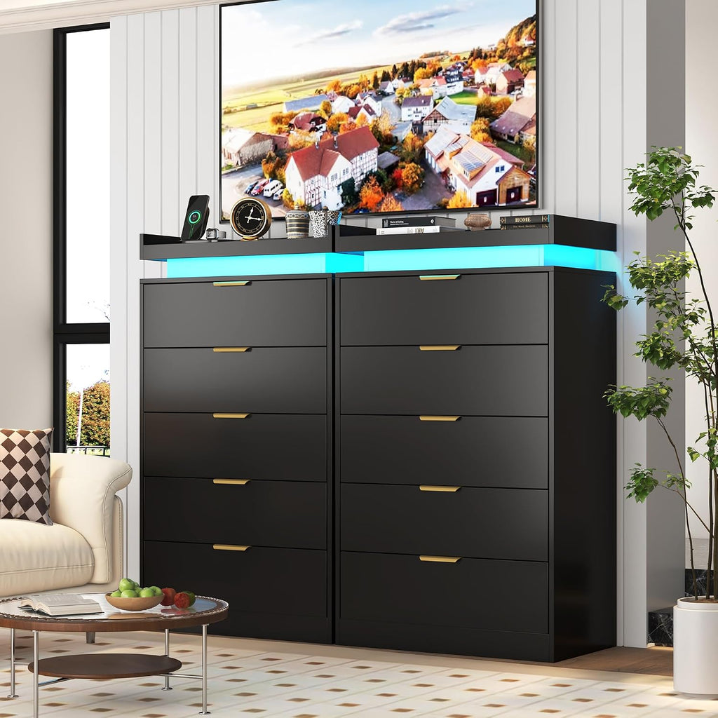 Tall Dresser , Black Dresser with LED Lights, Wood 5 Drawer Chest with Power Outlet, Modern Chest of Drawers