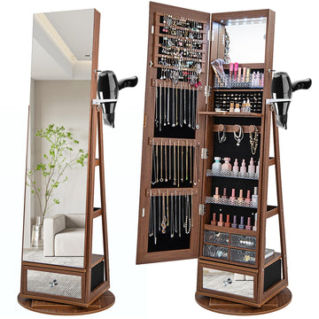 Jewelry Armoire with Full Length Mirror, 360° Lockable Jewelry Organizer W/ 6 LEDs, Rear Storage Shelves, Large