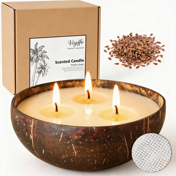 Fresh Linen Scented Candle, Large 16oz 3 Wick Non Toxic Soy Candles, Natural Coconut Shell Candles, Clean & Fresh