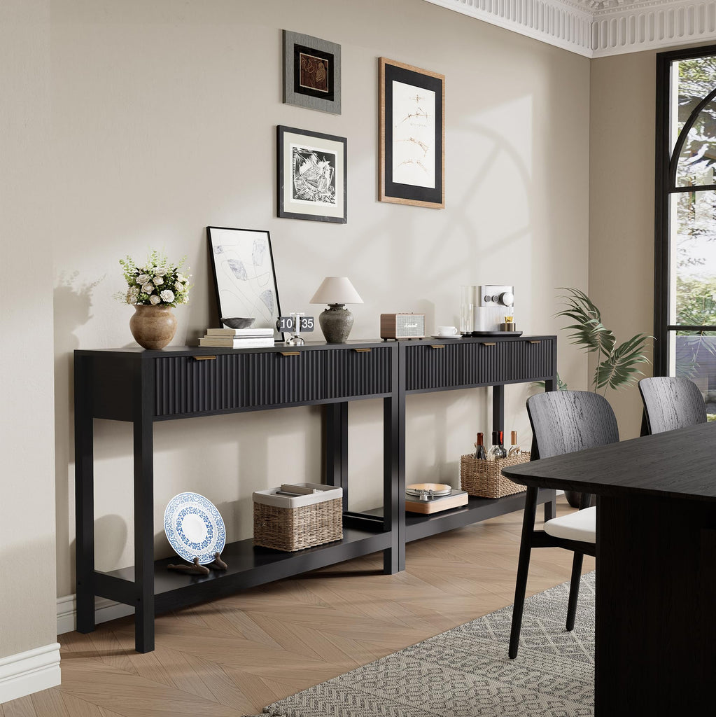 Fluted Console Table, Wooden Sofa Table with Storage and Drawers, Farmhouse Behind Couch Table Entryway Table for