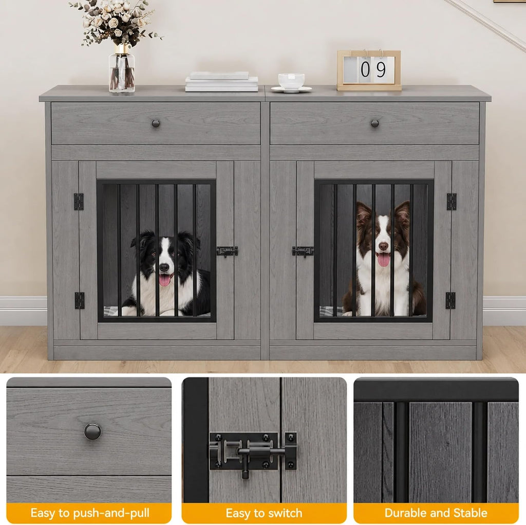 Double Dog Crate Furniture with Storage Drawers