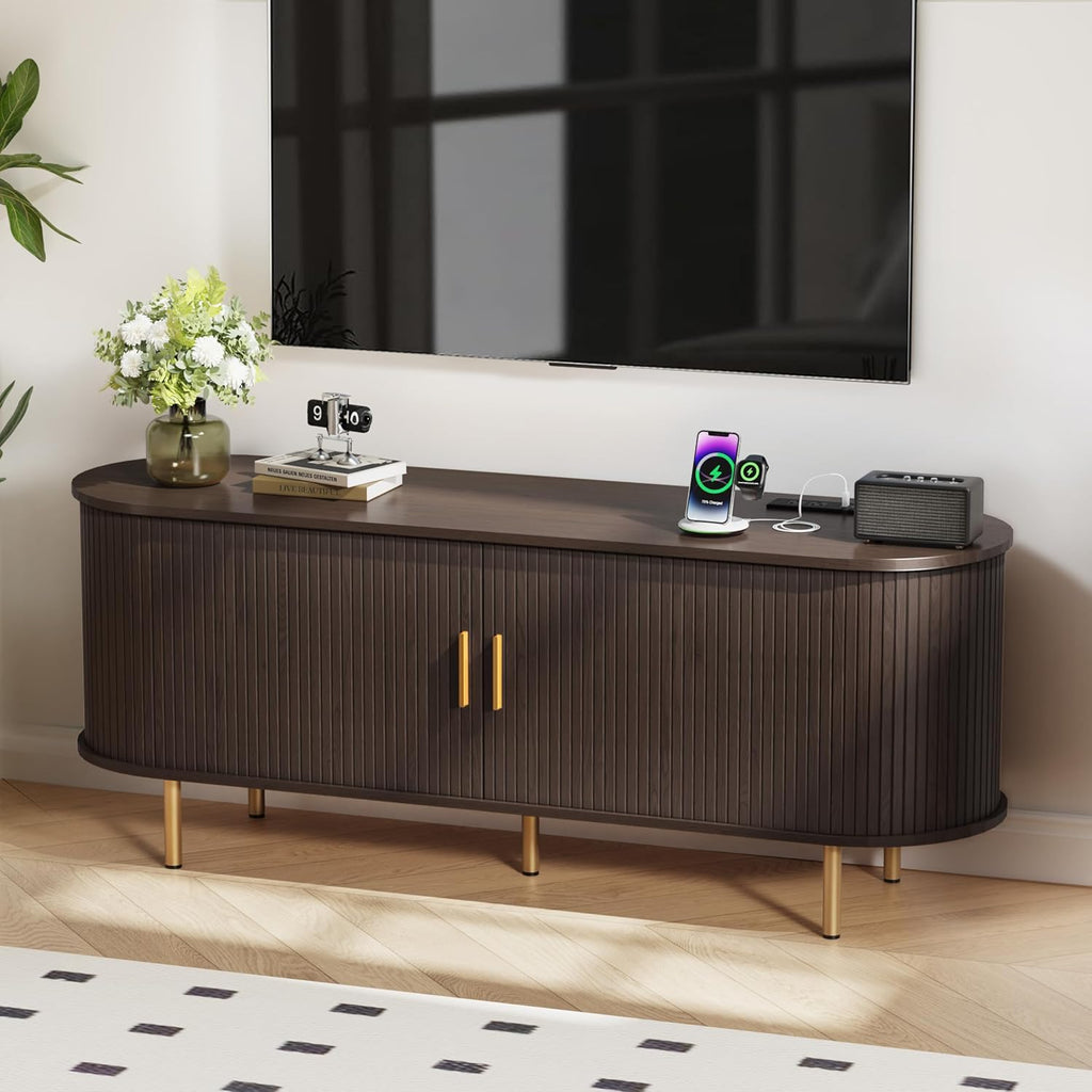 55 Inch Mid Century Modern TV Stand with Power Outlet for TVs up to 60 Inch, Entertainment Center with Storage and