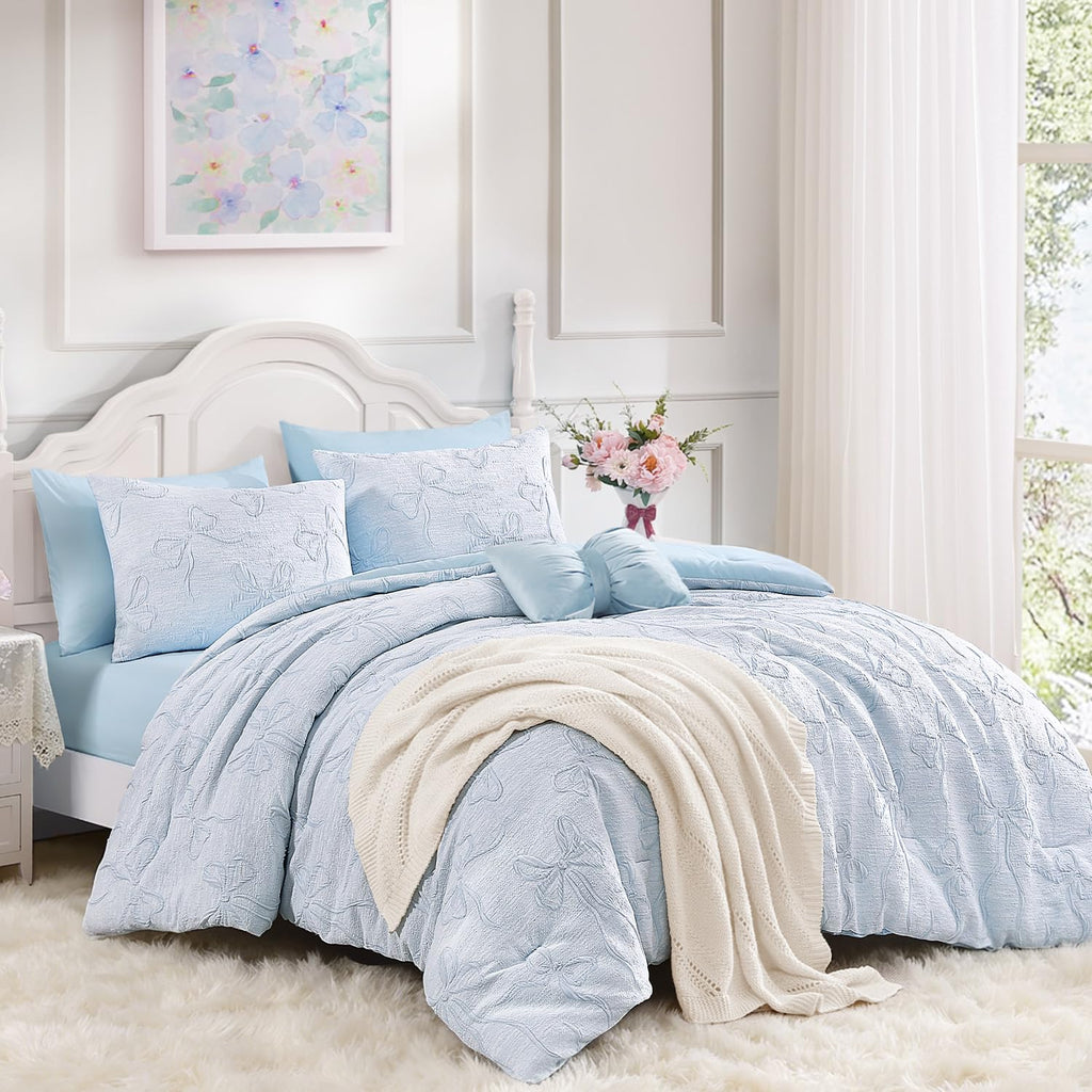 Queen Blue Bow Comforter Set, 3D Boho Tufted Bedding Set for Girl
