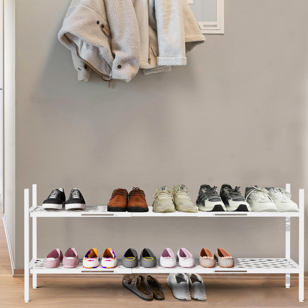 Long Expandable Metal Shoe Rack for Closet, Entryway, Garage, 2-Tier, White