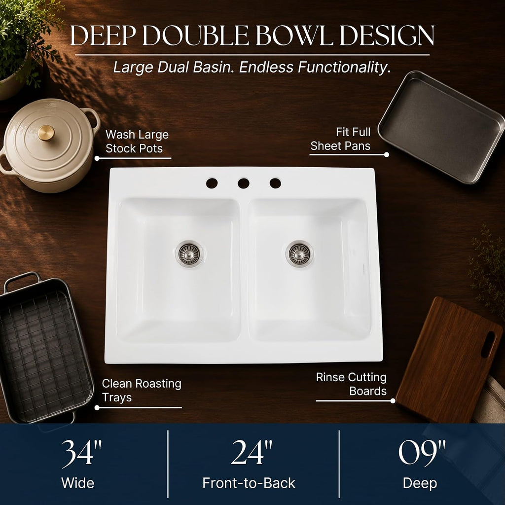 Parker 34 in White Fireclay Farmhouse Sink, Double Bowl | Quick-Fit drop-in apron front, no countertop removal