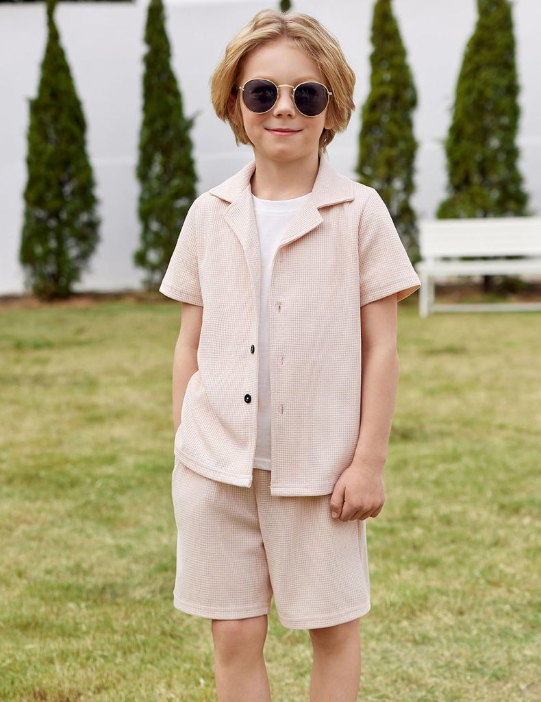 Toddler Boys 2 Piece Summer Outfits Waffle Knit Short Sleeve Button Down Shirt & Casual Shorts Sets