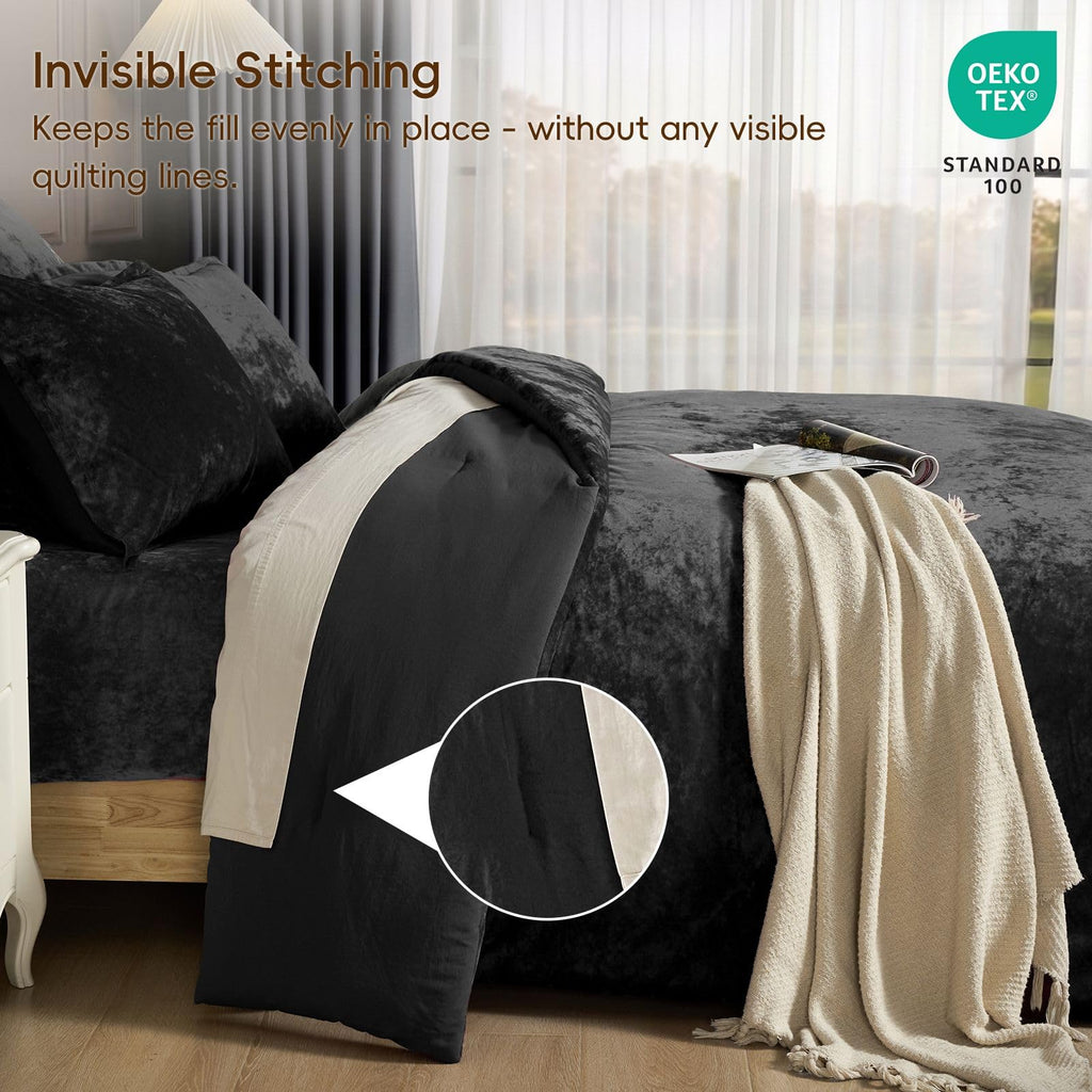 Crushed Velvet Comforter Queen Black, 5-Pc Winter Set