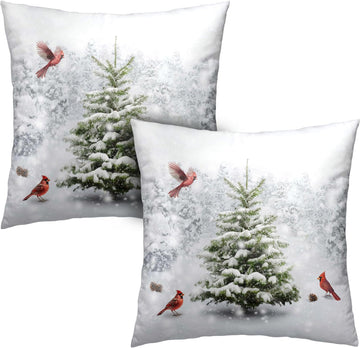 Winter Throw Pillow Covers 18X18 Snowy Natural Forest Decorative Pillow Case Green Pine Tree with Cardinal - Set of 2